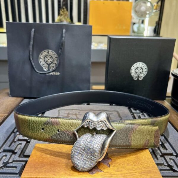replik,replica,schmuck,1:1,beste,ohrringe,ring,Repliken Abnehmbarer Camouflage-Gürtel mit diamantbesetztem Kopfstein von Chrome Hearts aus original gewachstem Rindsleder mit 925 Sterlingsilber plattierter Messingschnalle (NG0KJ)