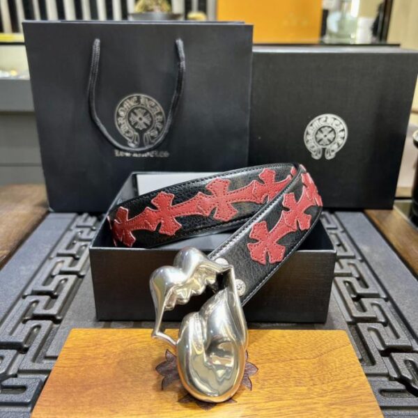 replik,replica,schmuck,1:1,beste,ohrringe,ring,Repliken Chrome Hearts Tongue Rolling Stone „Disassembly“ Roter Gürtel Original gewachstes Rindsleder Messingschnalle mit 925er Silber überzogen (GTVVK)