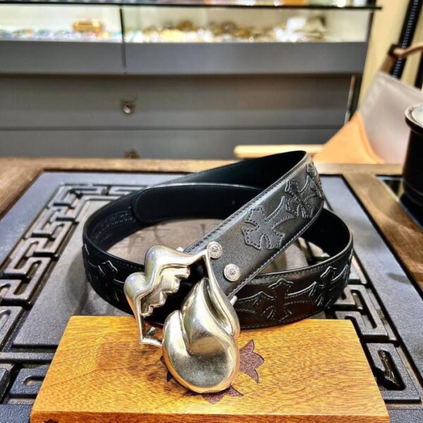 replik,replica,schmuck,1:1,beste,ohrringe,ring,Repliken Chrome Hearts Tongue Rolling Stone „Disassembly“ Schwarzer Gürtel Original gewachstes Rindsleder Messingschnalle mit 925er Silber plattiert (9SMBK)