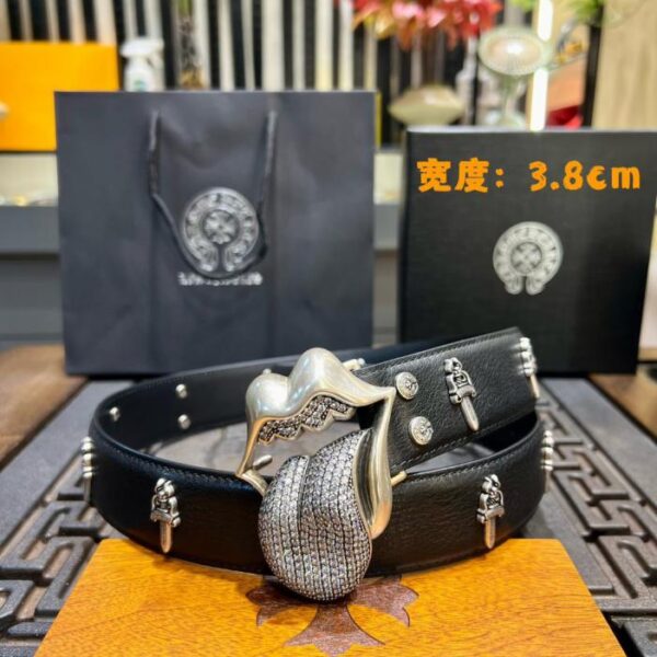 replik,replica,schmuck,1:1,beste,ohrringe,ring,Repliken Chrome Hearts-Gürtel mit diamantbesetzter Zunge, original gewachstem Rindsleder und Messingschnalle mit 925er-Silberbeschichtung (SIUQZ)