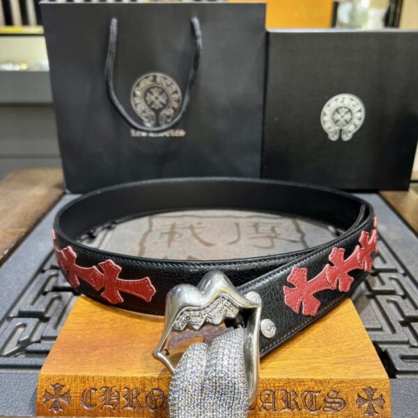 replik,replica,schmuck,1:1,beste,ohrringe,ring,Repliken Chrome Hearts Zunge Rolling Stone Diamond „Demontageversion“ roter Gürtel original gewachstes Rindsleder Messingschnalle mit 925er Silber plattiert (N6D4K)